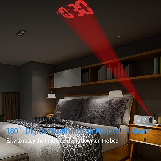 Projektionsvækkeur med LED-spejldisplay, dobbelt alarmer og temperatur, 19 cm | Lersk