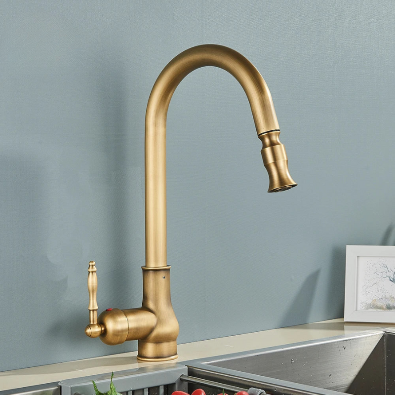 Norelle Antique Brass Swivel Kitchen Faucet With Black | Lersk