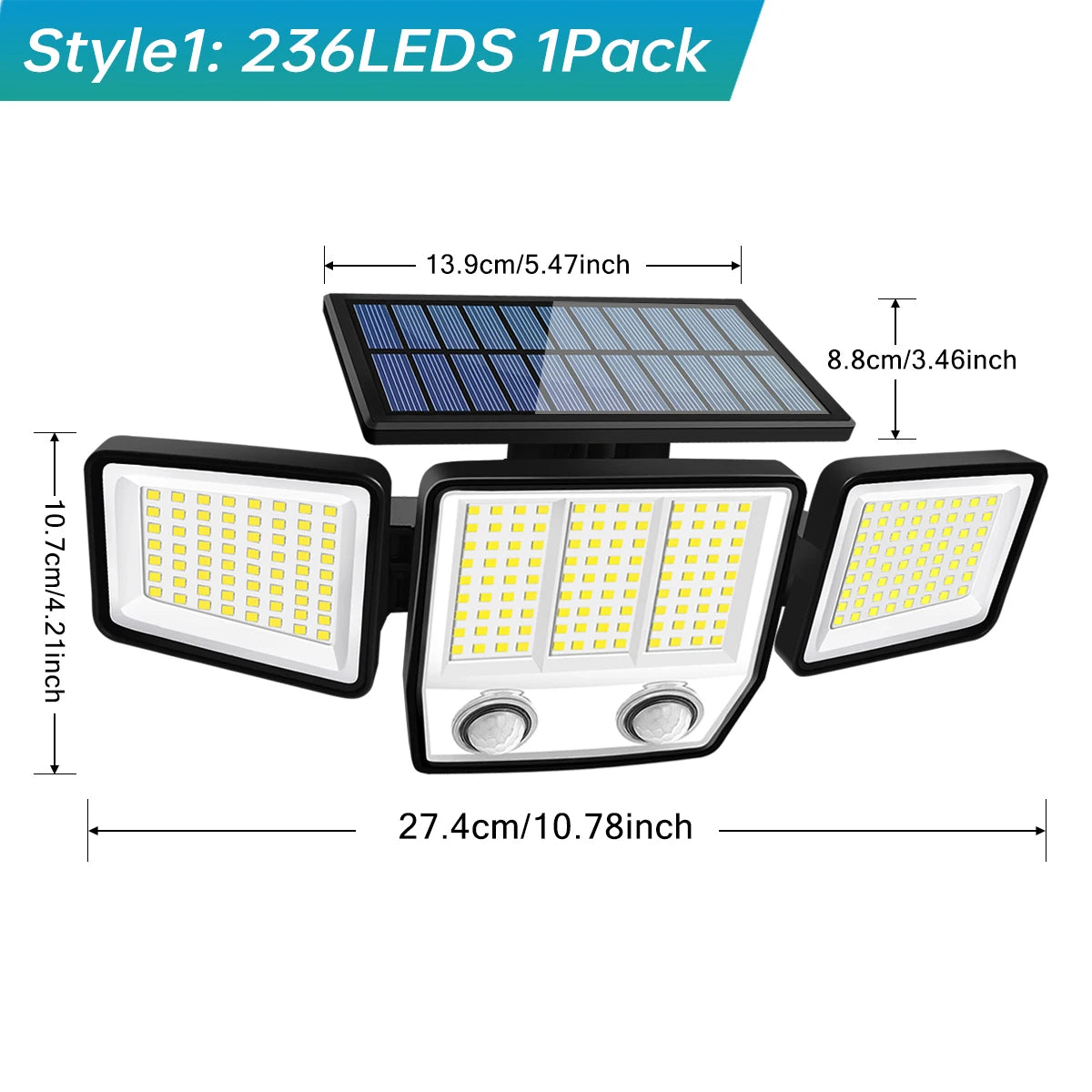 Luce Solare da Esterno con Sensore di Movimento 3 Teste Copertura di 270 Gradi per Giardino 3000 Lumen | Lersk
