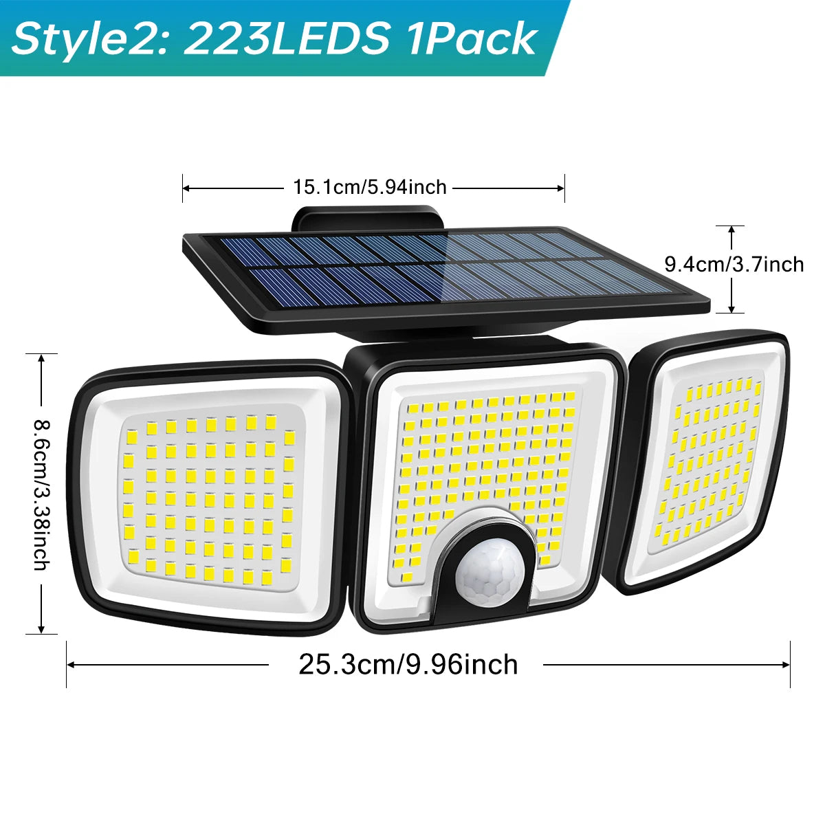 Luce Solare da Esterno con Sensore di Movimento 3 Teste Copertura di 270 Gradi per Giardino 3000 Lumen | Lersk