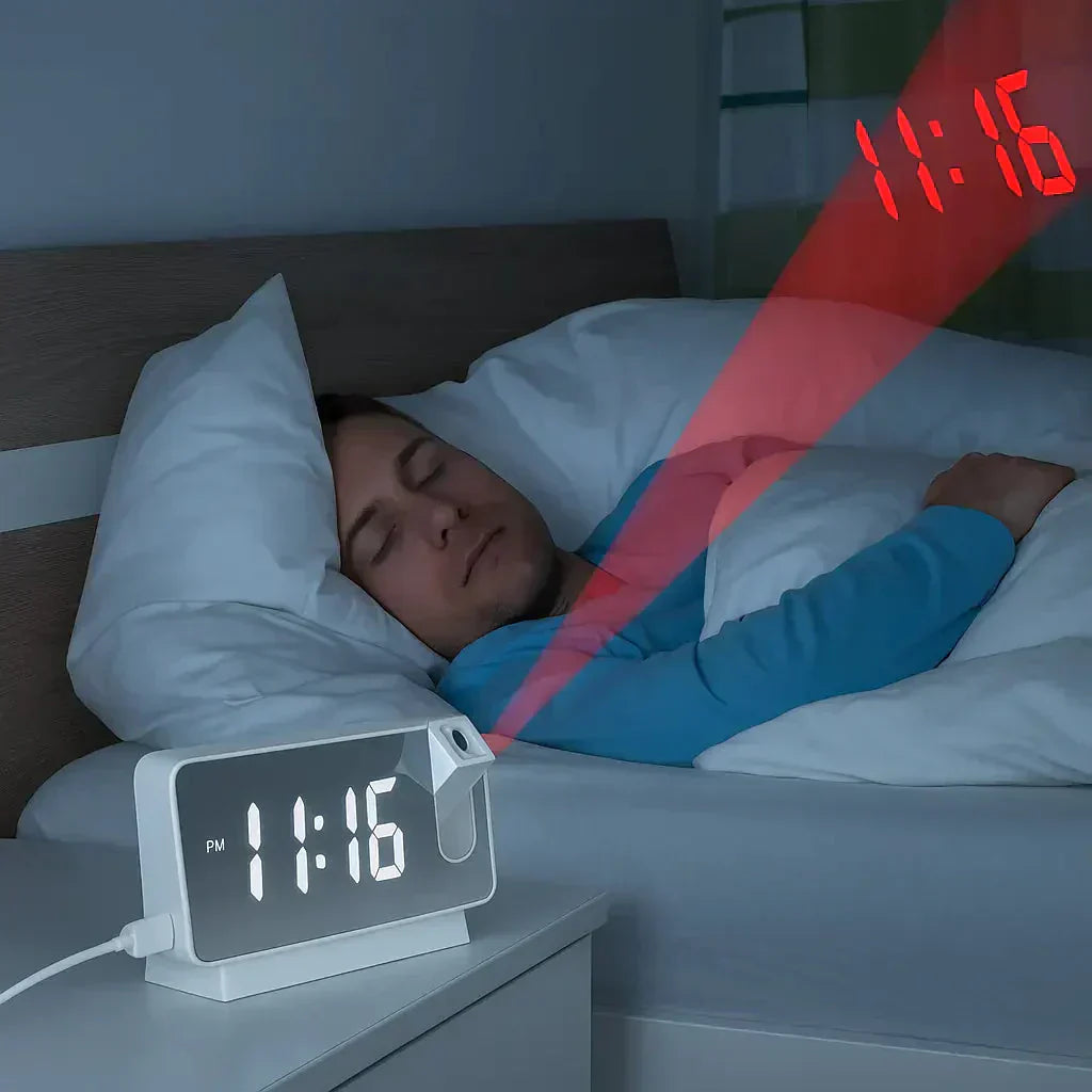 Projektionsvækkeur med LED-spejldisplay, dobbelt alarmer og temperatur, 19 cm | Lersk
