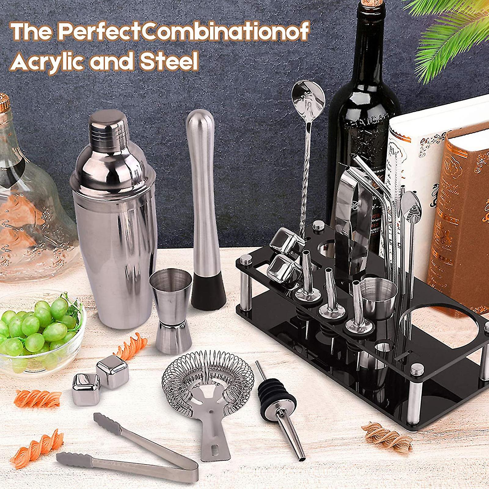 Set Pro da 23 pezzi per shaker da cocktail in acciaio inox con supporto per bartender domestici | Lersk