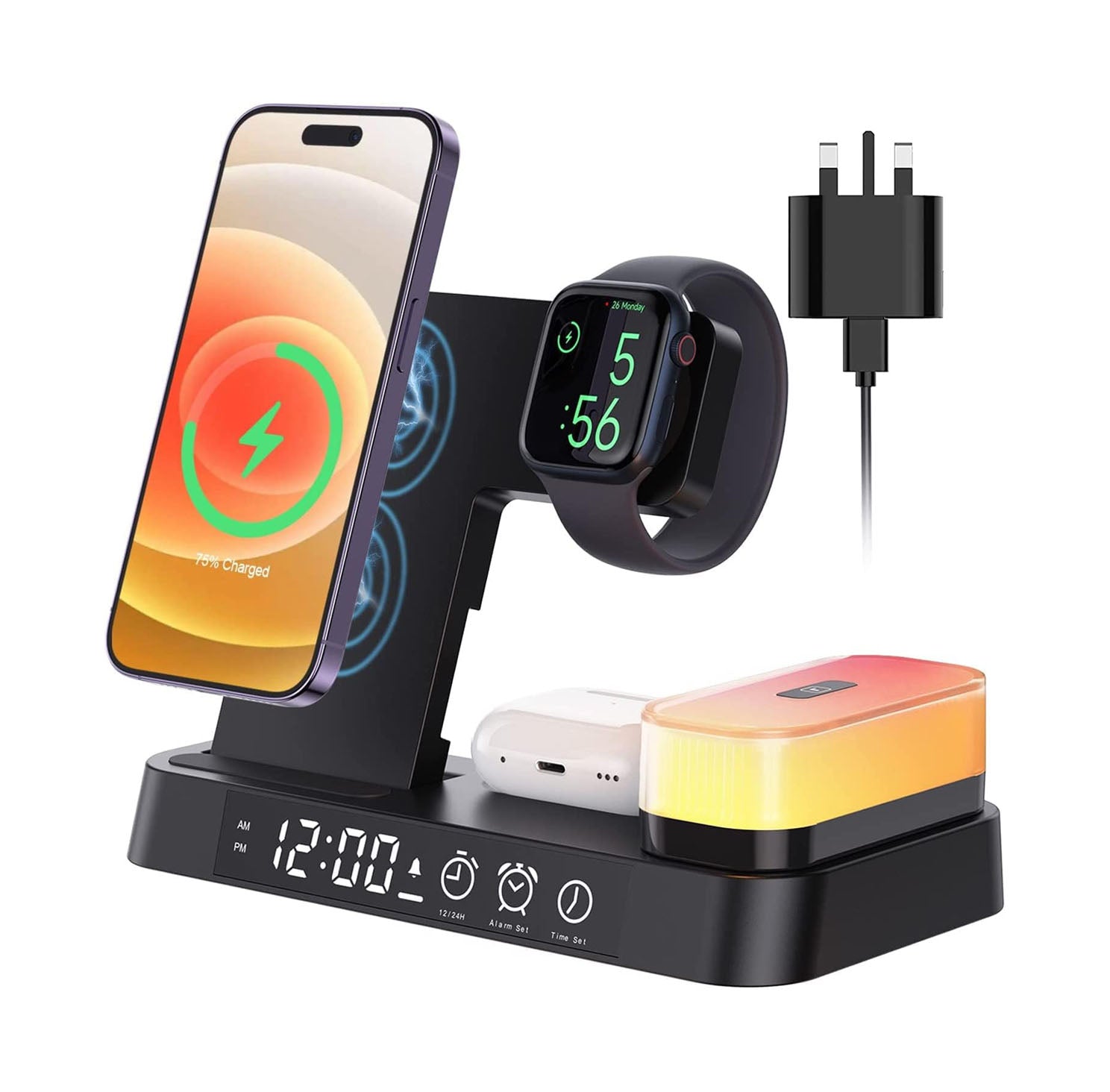 Stazione di ricarica wireless 5 in 1 con lampada e sveglia per comodino | Lersk
