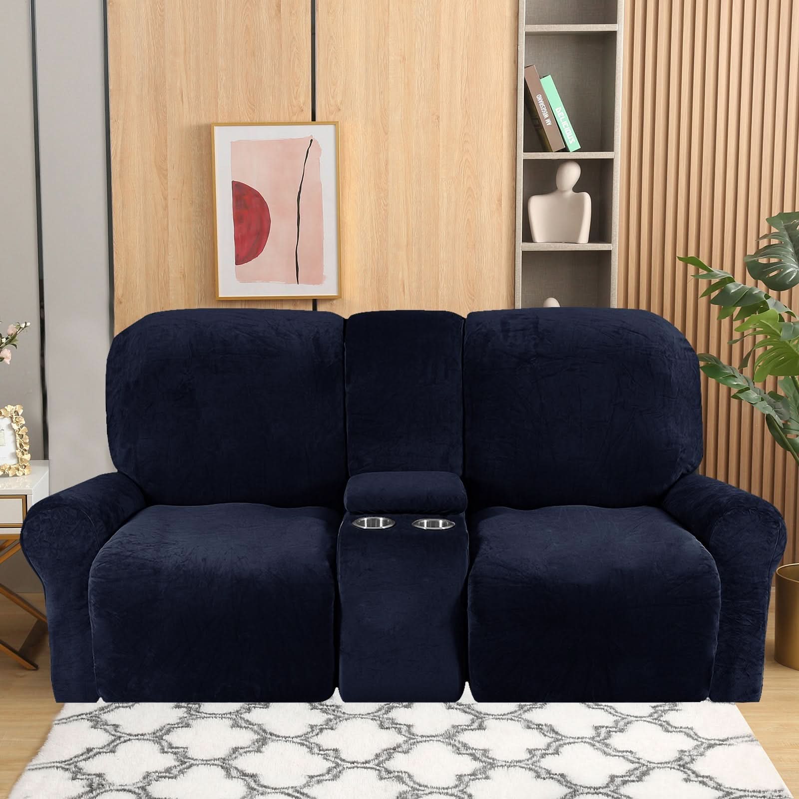 Velvet Plush Two Seater Recliner Sofa Cover With Cup Holders For Two People At Home | Lersk