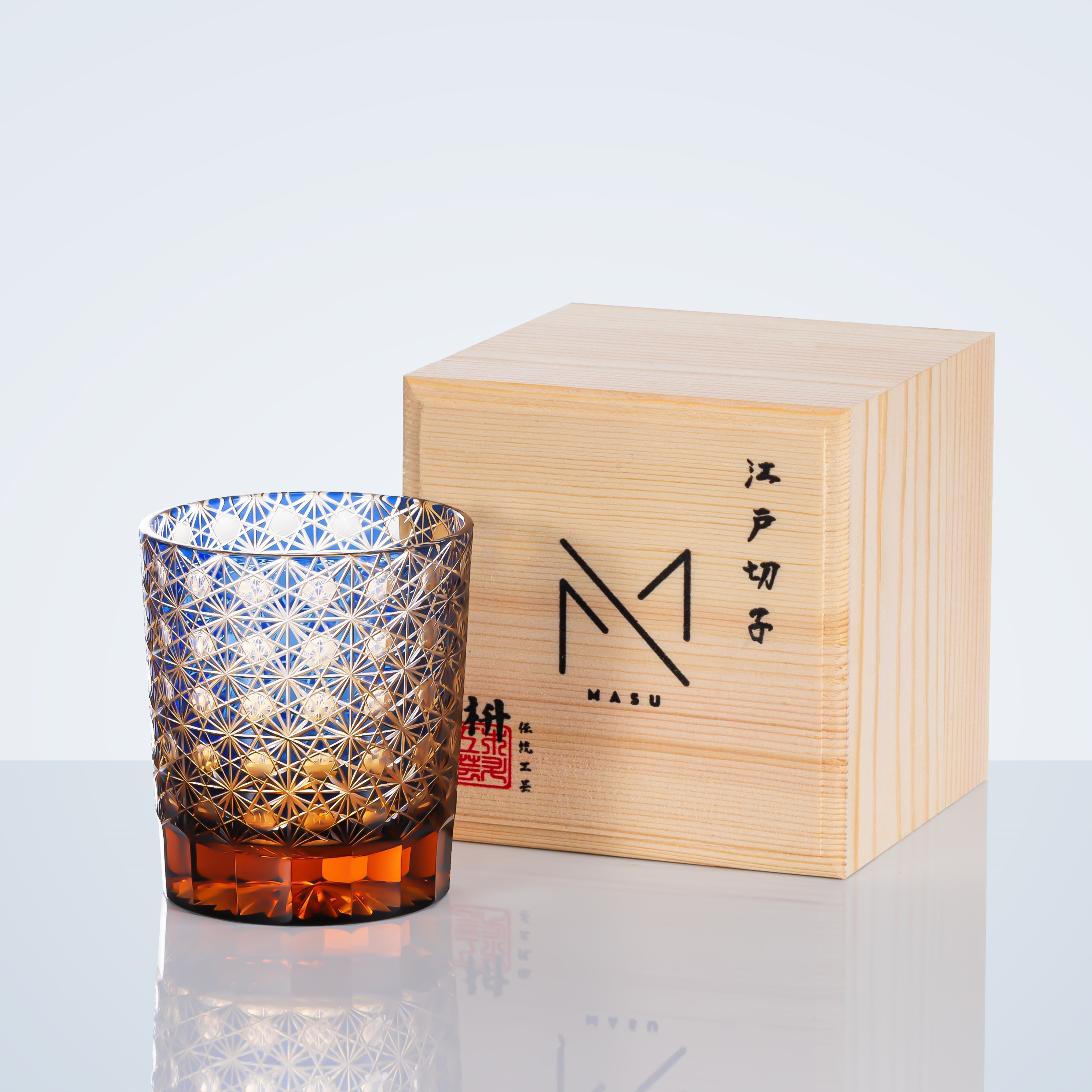 Miyara | Handgefertigte Bernstein-Whiskygläser mit Stern-Chrysanthemen-Design und Holzkiste | Lersk