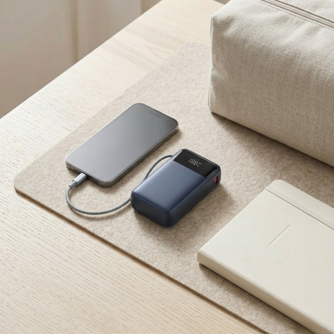Tragbare Powerbank mit integriertem Kabel für einfaches Laden unterwegs | Lersk