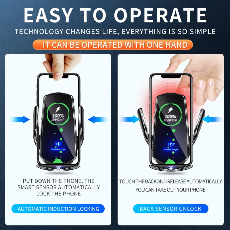 Carregador Sem Fios 2 em 1 para Carro e Suporte para Telemóvel com Fixação Automática, Ajustável, Carregamento Rápido, Compatibilidade Universal | Lersk