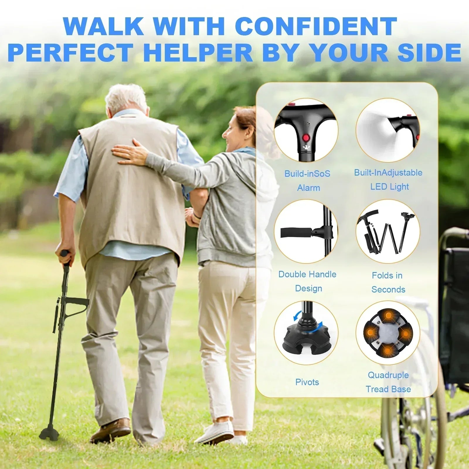 Adjustable Folding Cane With LED Light For Seniors Safety | Lersk