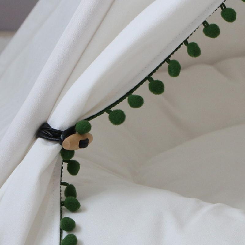 Willow And Woof | Lace Pom Pom Dog Teepee in Vintage Green and Ivory with Cushion | Lersk
