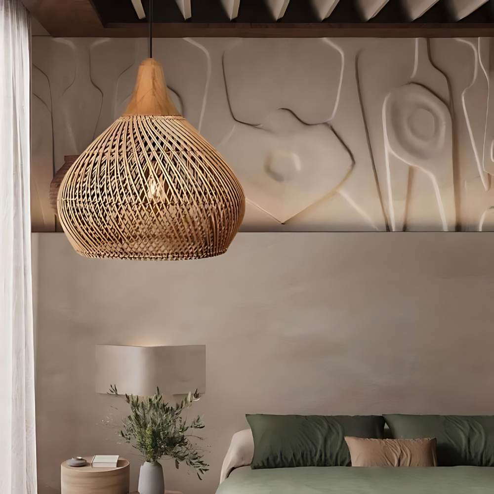 Lampe Plafonnier Kevara en Rotin Tressé à la Main, Suspension Bohème avec Abat-jour Naturel | Lersk