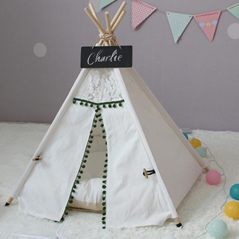 Willow And Woof | Lace Pom Pom Dog Teepee in Vintage Green and Ivory with Cushion | Lersk
