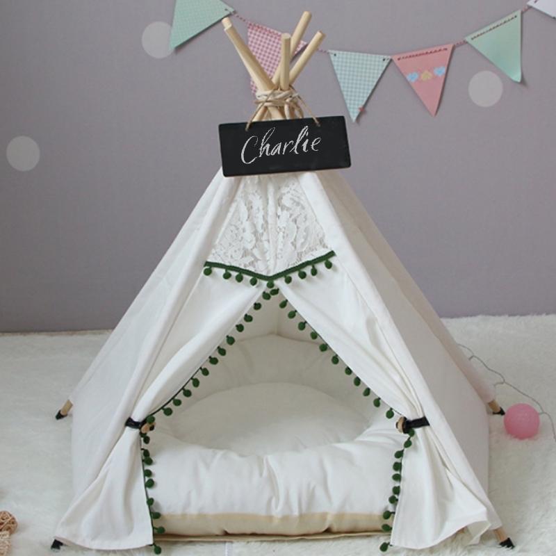 Willow And Woof | Lace Pom Pom Dog Teepee in Vintage Green and Ivory with Cushion | Lersk