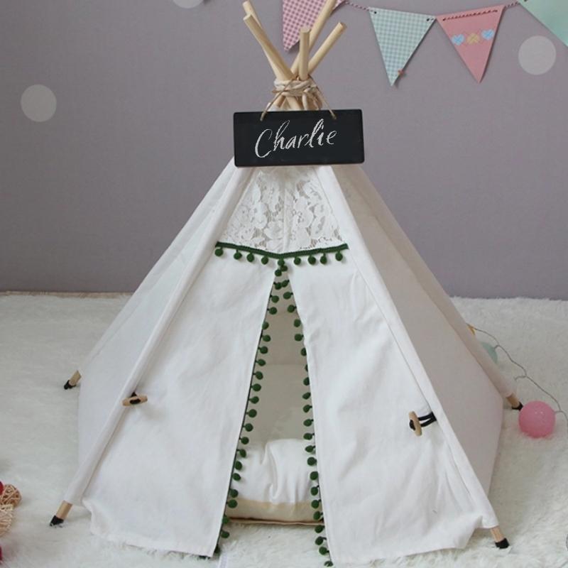 Willow And Woof | Lace Pom Pom Dog Teepee in Vintage Green and Ivory with Cushion | Lersk