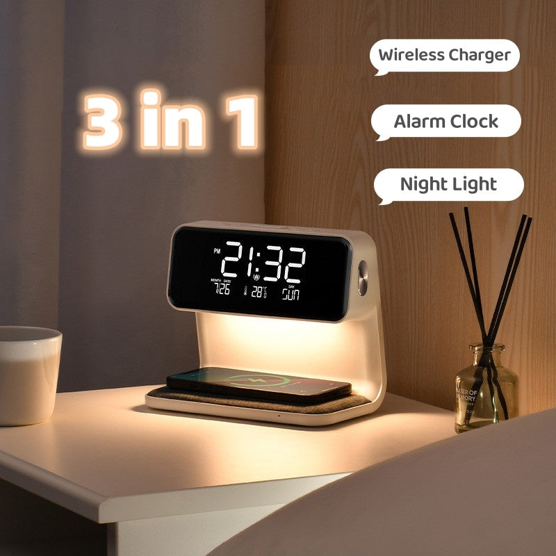 3v1 noční lampa s bezdrátovou nabíječkou, LCD budíkem a dotykovou stmívatelnou LED stolní lampou | Lersk