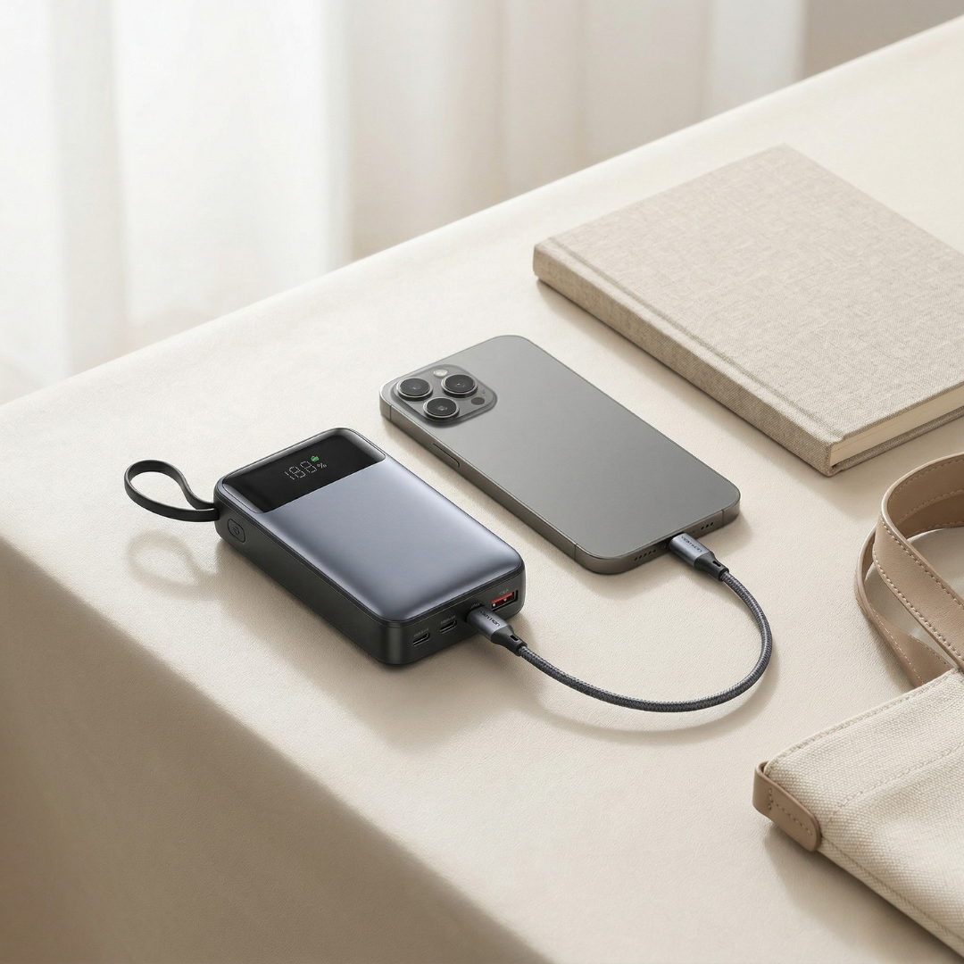 Tragbare Powerbank mit integriertem Kabel für einfaches Laden unterwegs | Lersk