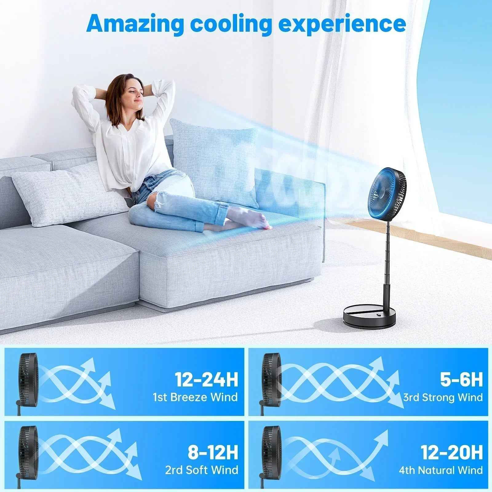 Ventilateur sur pied pliable rechargeable avec télécommande, 4 vitesses, ultra silencieux, 9 pouces, pour maison et bureau | Lersk