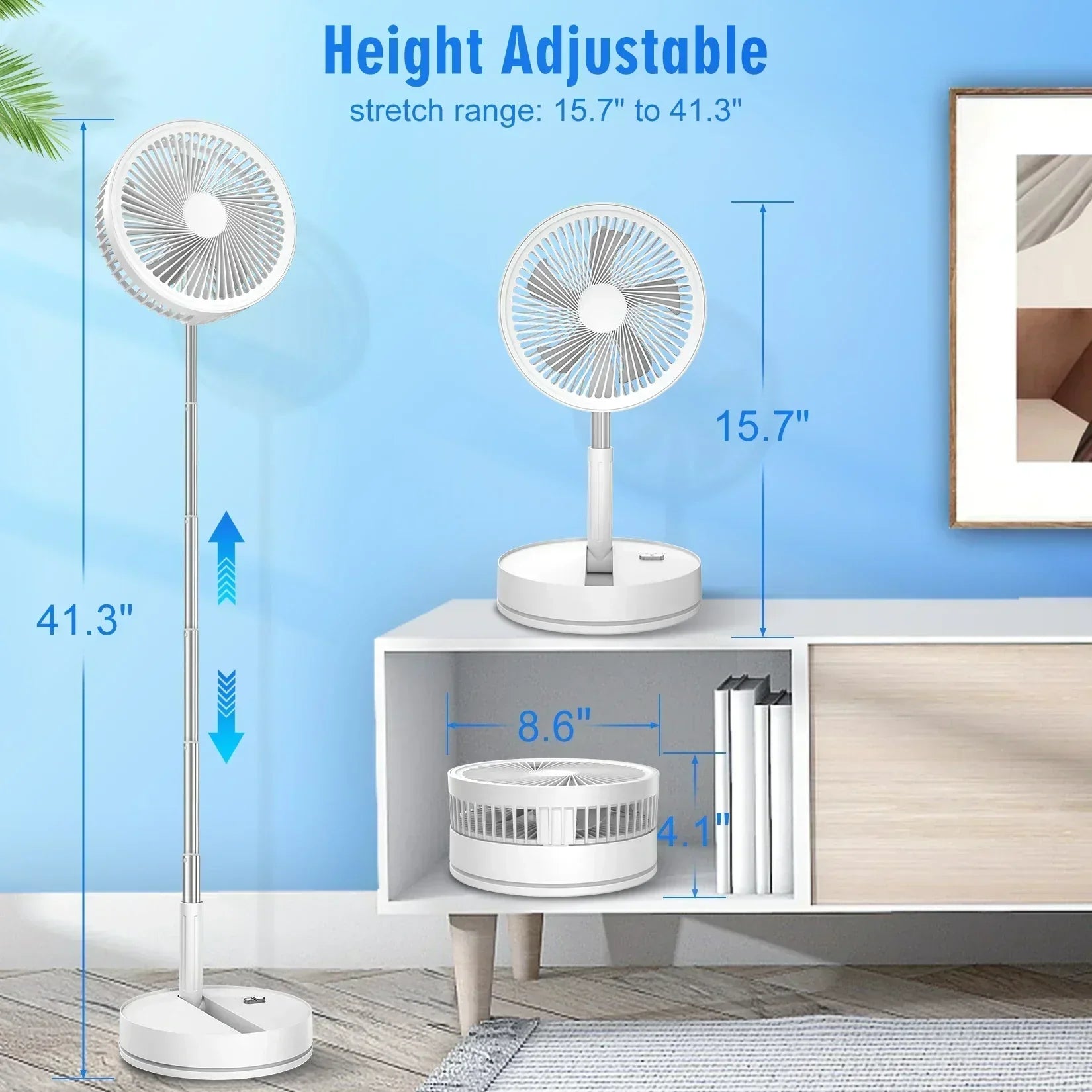 Ventilateur sur pied pliable rechargeable avec télécommande, 4 vitesses, ultra silencieux, 9 pouces, pour maison et bureau | Lersk