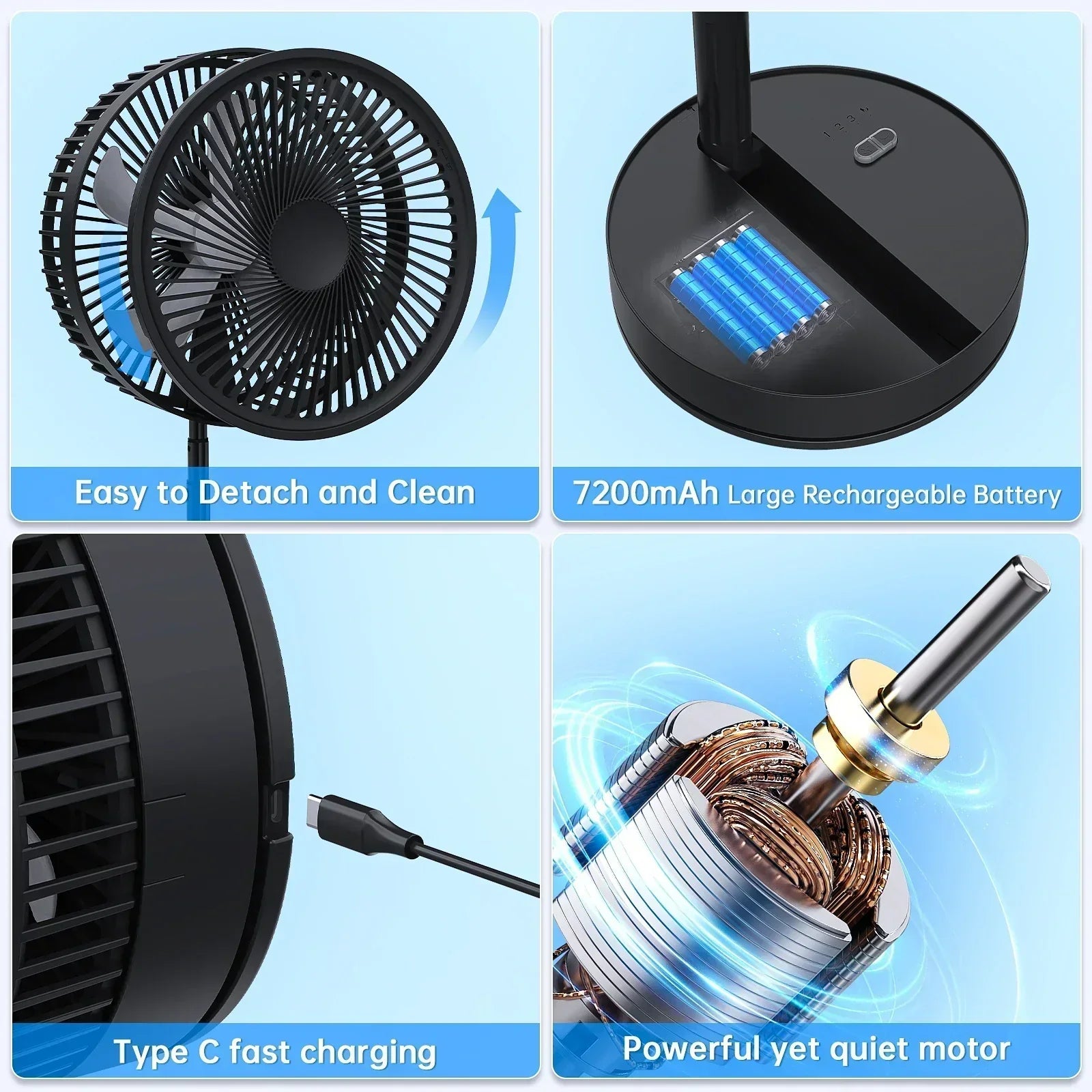 Ventilateur sur pied pliable rechargeable avec télécommande, 4 vitesses, ultra silencieux, 9 pouces, pour maison et bureau | Lersk