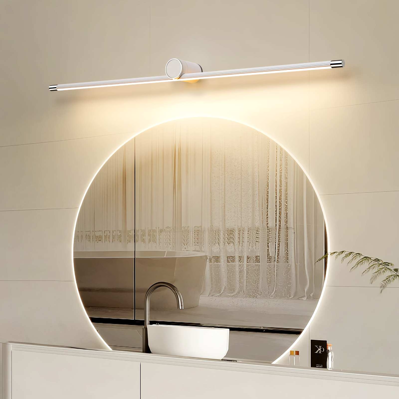Espejo de baño con lámpara de pared y cómoda con columna romana | Lersk