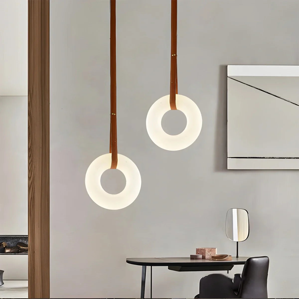 Round Spanish Alabaster Pendant Light Leather Hanging Wire | Lersk