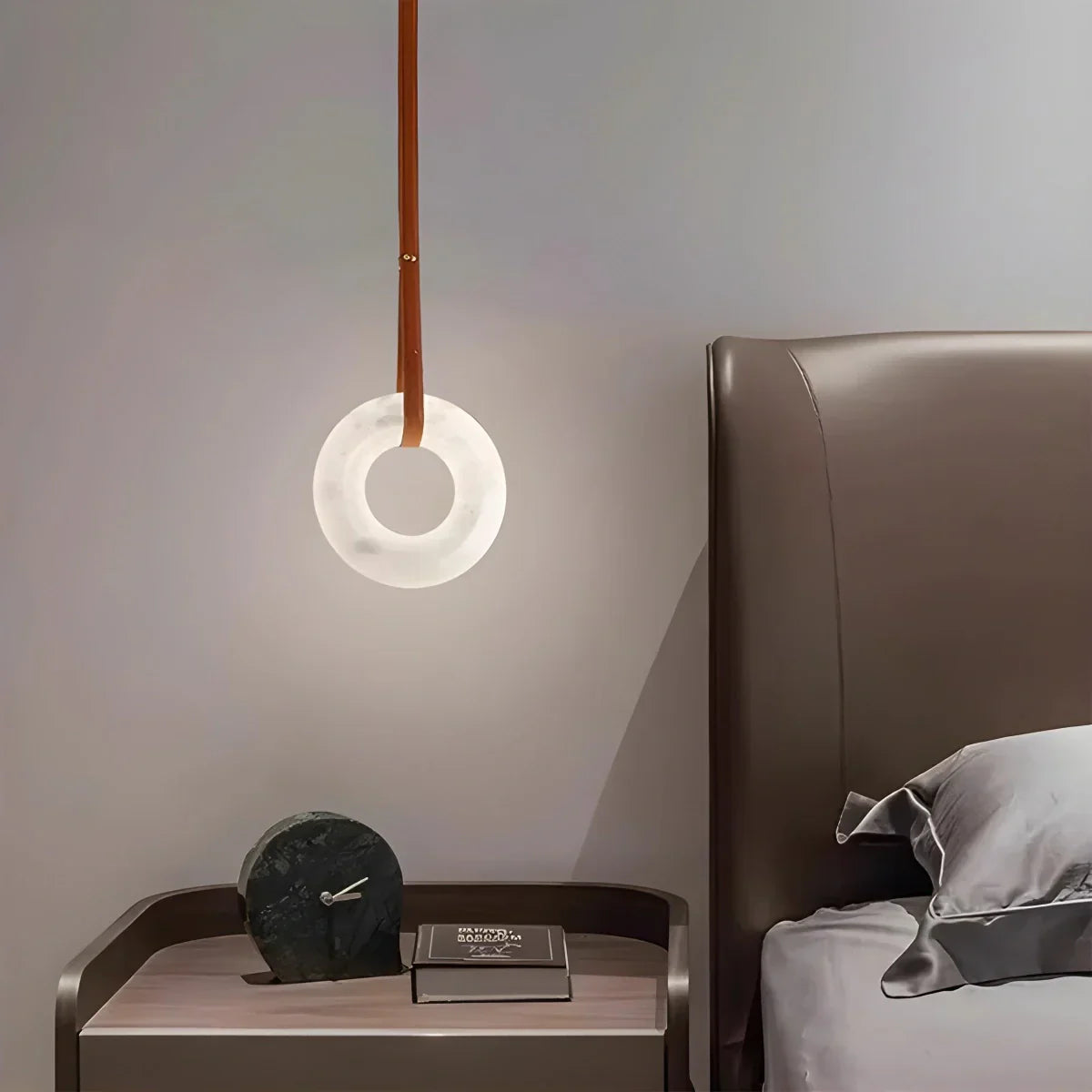 Round Spanish Alabaster Pendant Light Leather Hanging Wire | Lersk