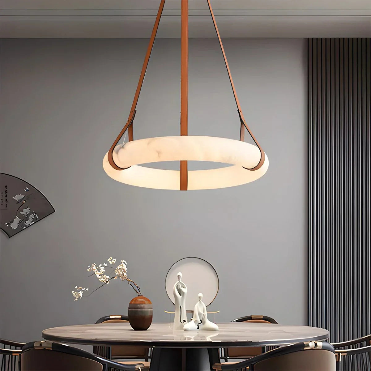 Round Spanish Alabaster Pendant Light Leather Hanging Wire | Lersk