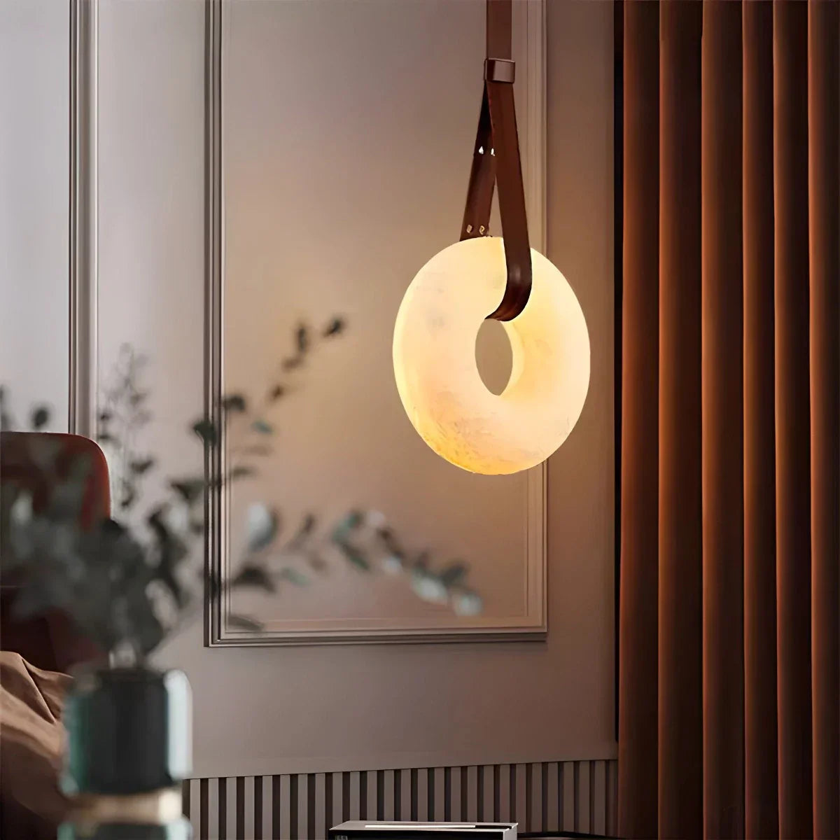 Round Spanish Alabaster Pendant Light Leather Hanging Wire | Lersk