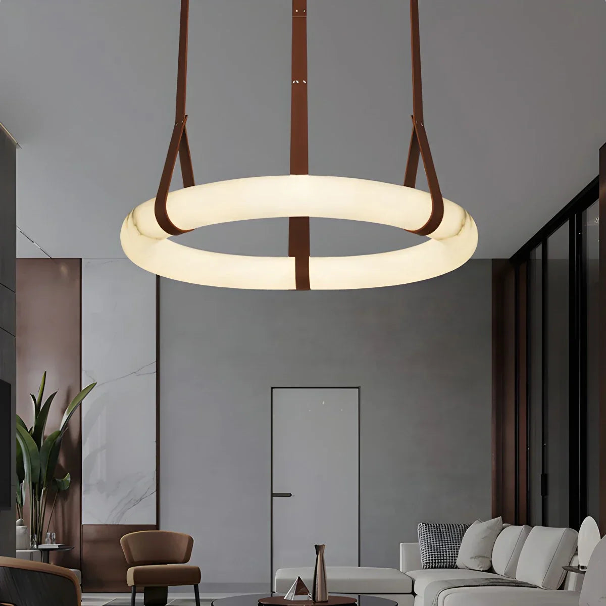 Round Spanish Alabaster Pendant Light Leather Hanging Wire | Lersk