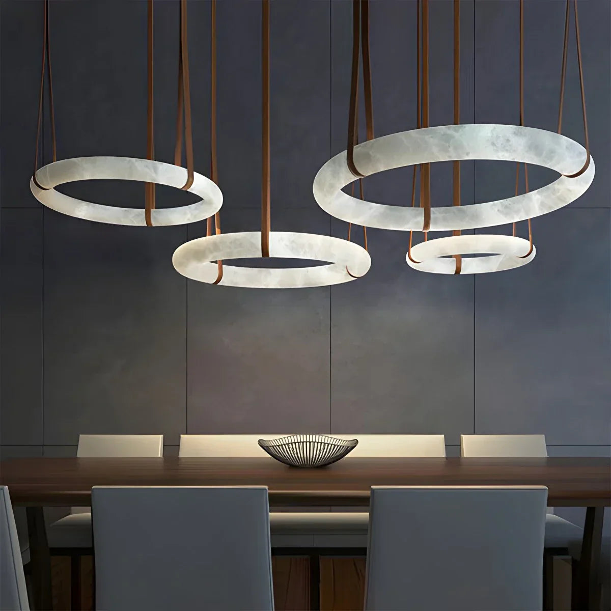 Round Spanish Alabaster Pendant Light Leather Hanging Wire | Lersk