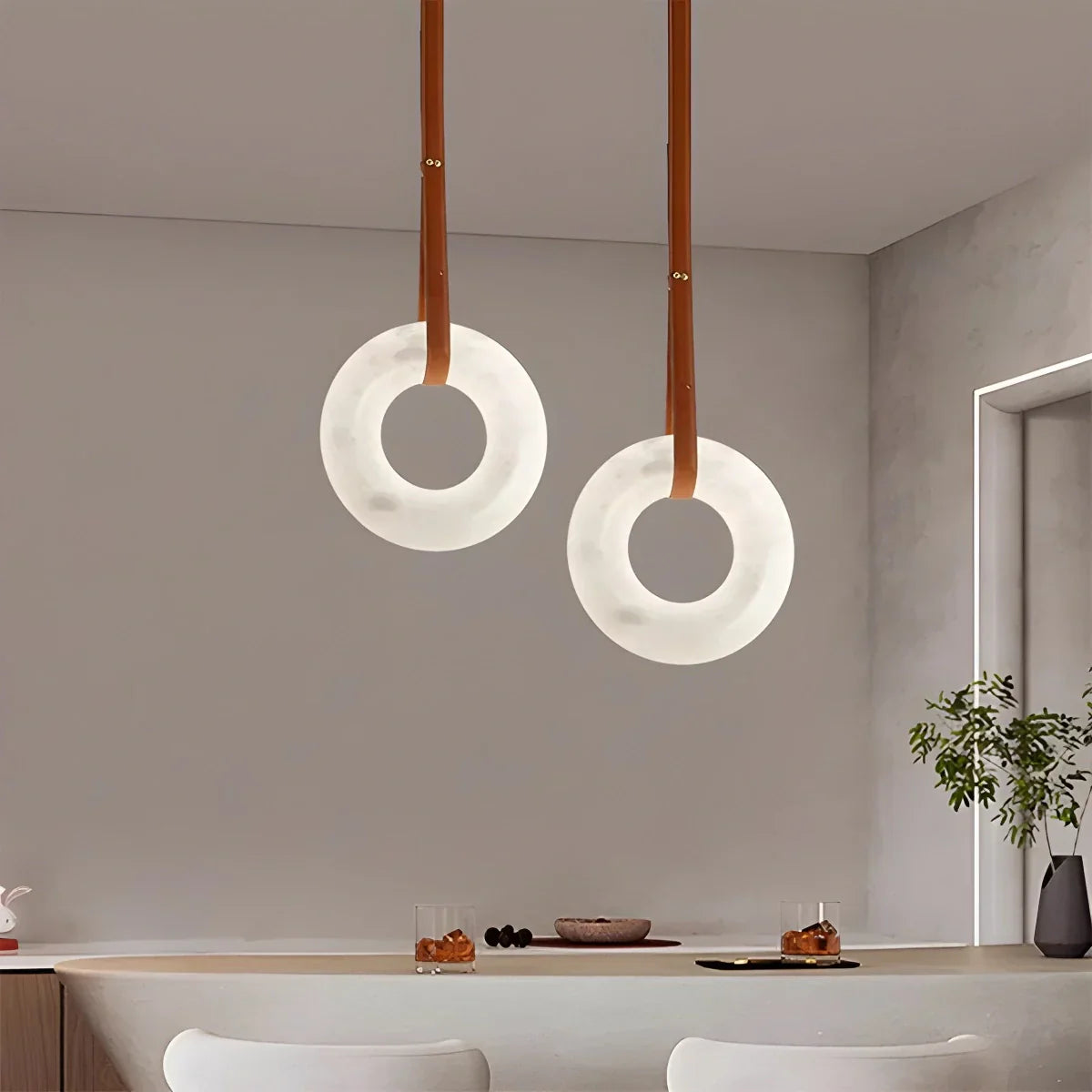 Round Spanish Alabaster Pendant Light Leather Hanging Wire | Lersk