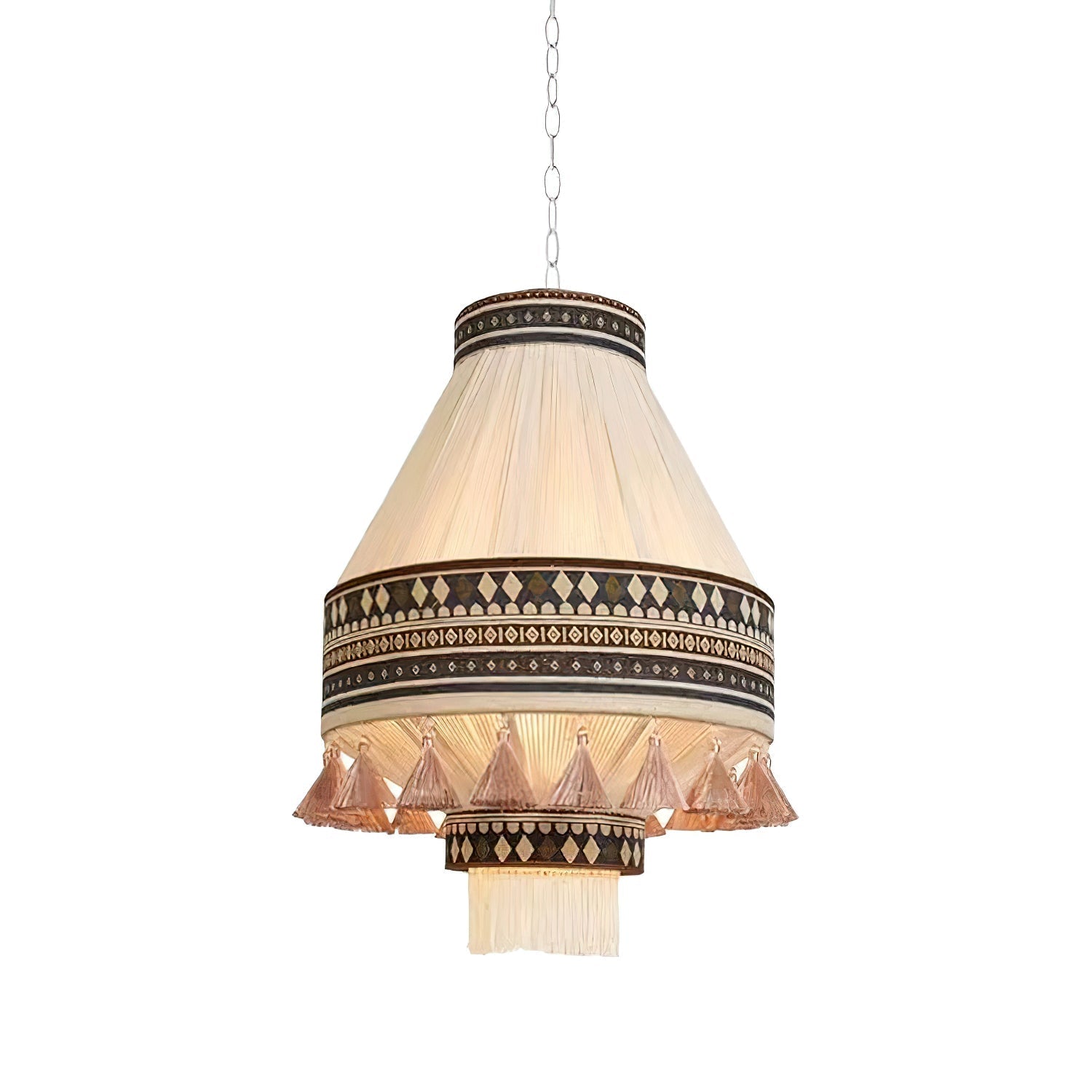 Závěsná lampa Astraea Boho s třásněmi a geometrickým vzorem | Lersk