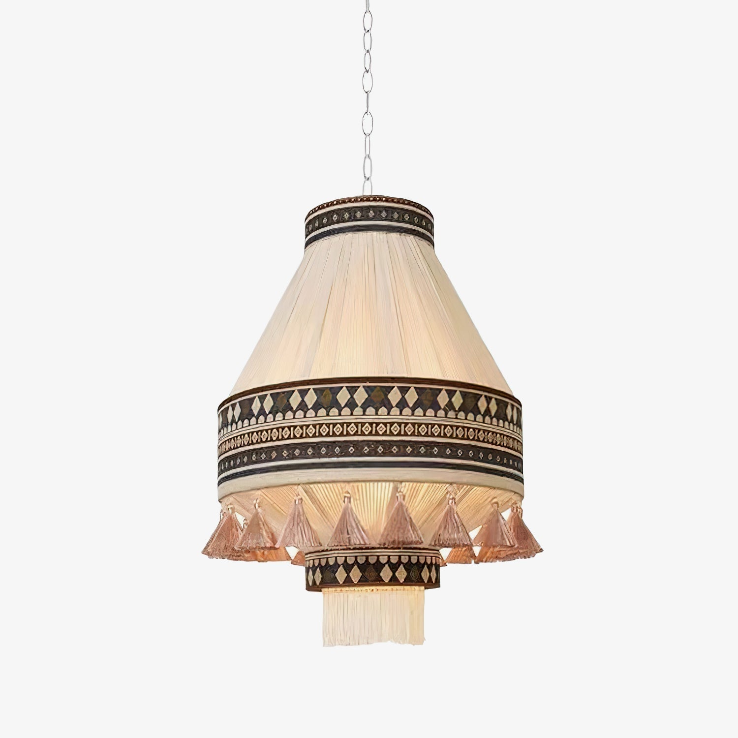Závěsná lampa Astraea Boho s třásněmi a geometrickým vzorem | Lersk