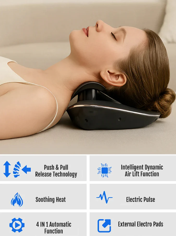 Smart Cervical Traction Device with Heat, EMS, Red Light & Magnetic Comfort for Daily Neck Relief | Lersk
