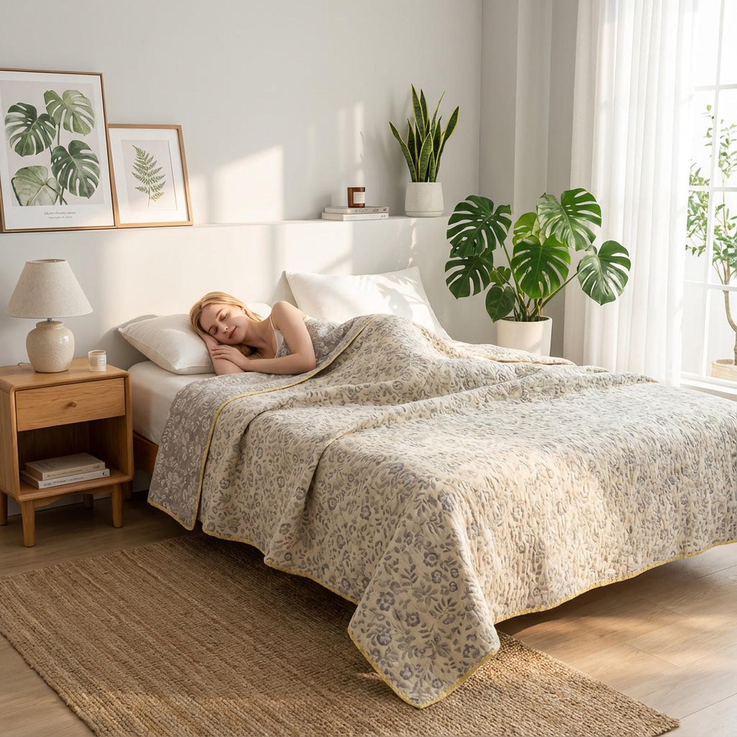 Floral Stripe Cotton Gauze Quilt Decorative Throw Blanket | Lersk