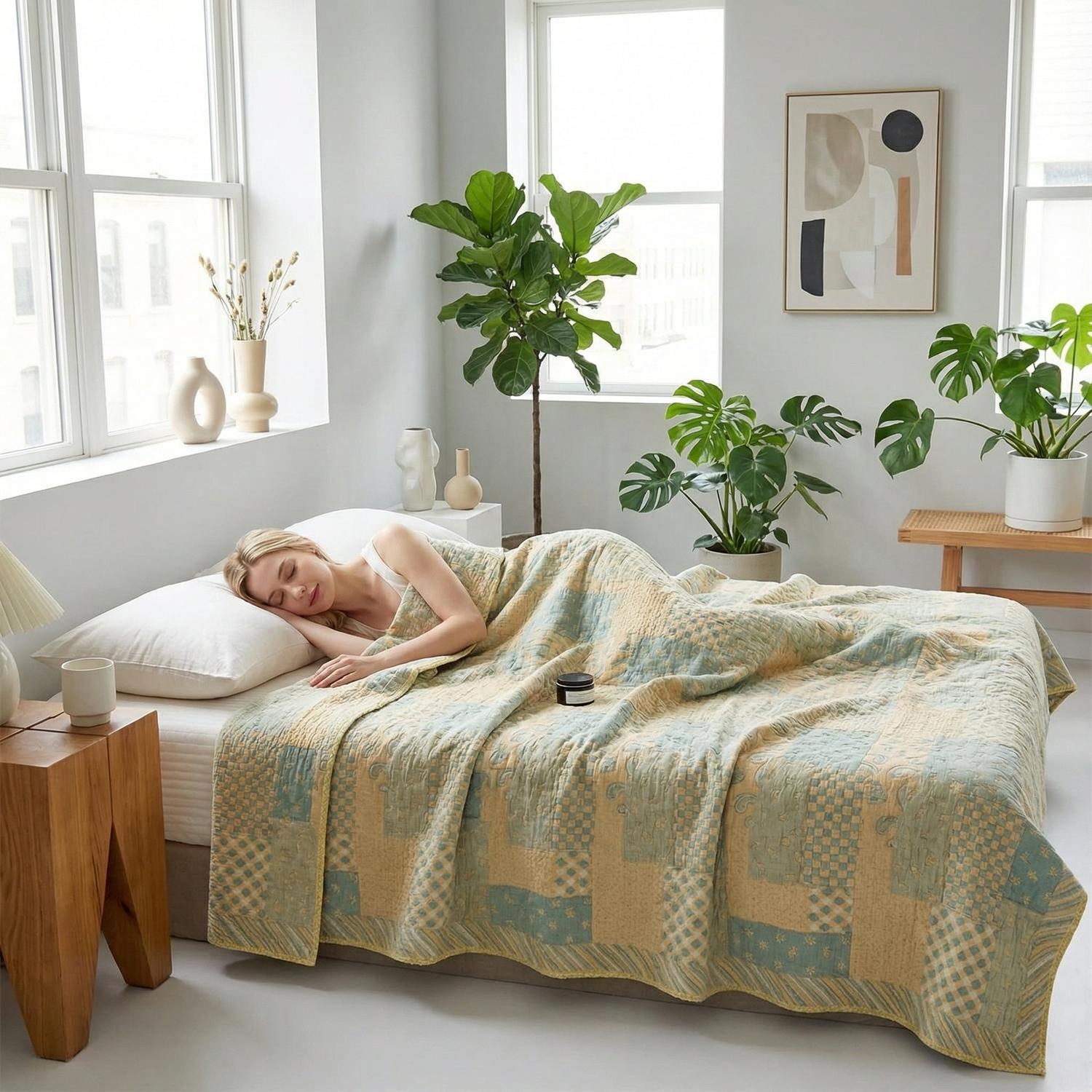 Floral Stripe Cotton Gauze Quilt Decorative Throw Blanket | Lersk