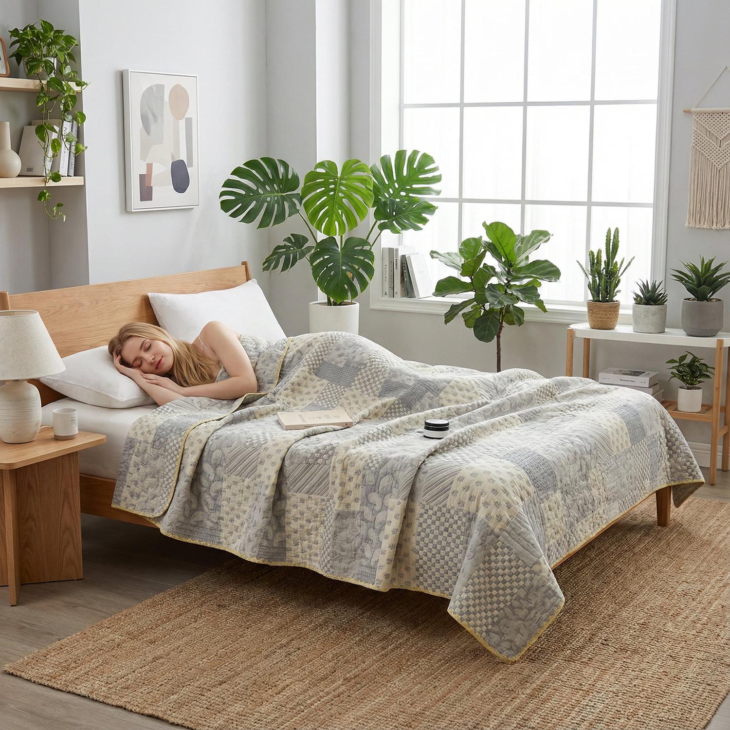 Floral Stripe Cotton Gauze Quilt Decorative Throw Blanket | Lersk