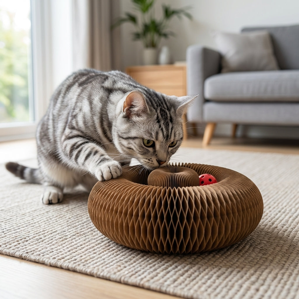 Graffiatoio per gatti in cartone ondulato pieghevole con pista per pallina 4 in 1 | Lersk