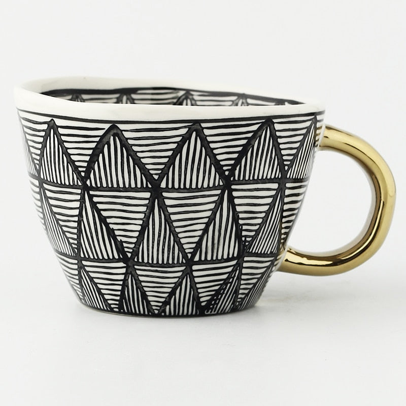 Elegant Cup With Abstract Geometric Pattern And Gold Handle For Everyday Coffee Or Tea | Lersk