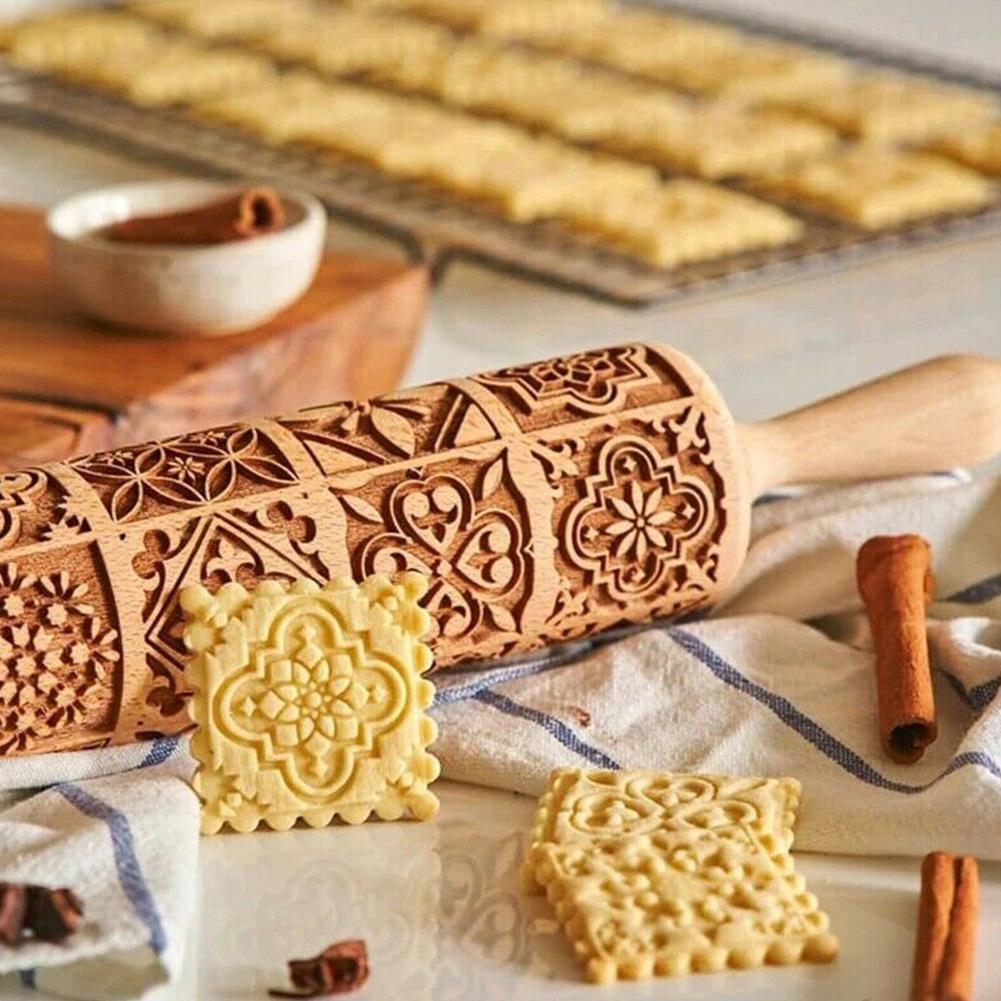 JollyRoller geprägtes Nudelholz aus Holz, handgefertigt aus Buchenholz, Gravurwerkzeug für Weihnachtsplätzchen | Lersk