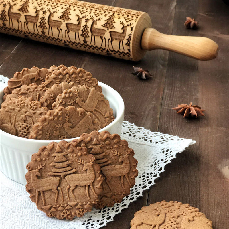 JollyRoller geprägtes Nudelholz aus Holz, handgefertigt aus Buchenholz, Gravurwerkzeug für Weihnachtsplätzchen | Lersk