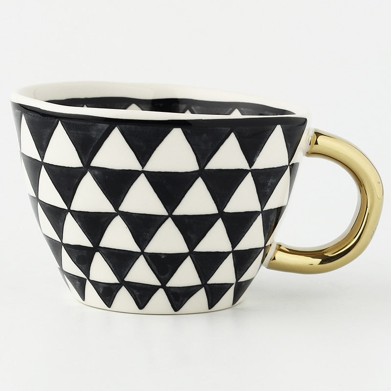 Elegant Cup With Abstract Geometric Pattern And Gold Handle For Everyday Coffee Or Tea | Lersk