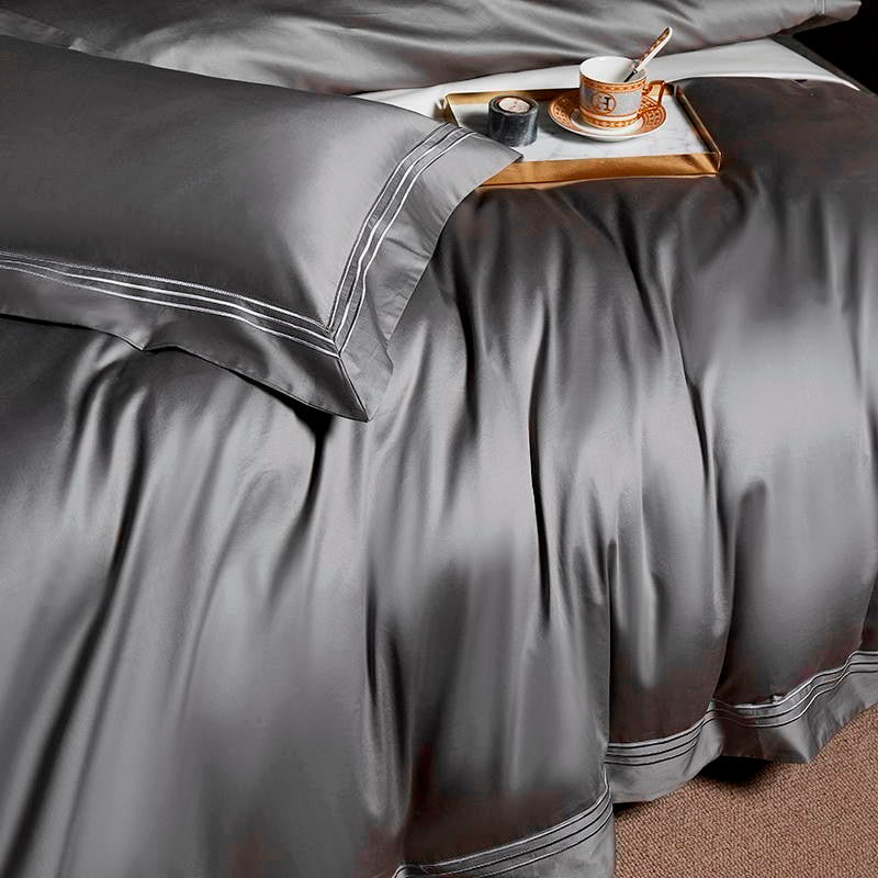 Lyra Grey Egyptian Cotton Bedding Set With Embroidered Edge | Lersk