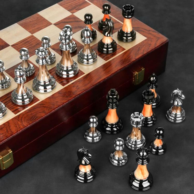 RegalOrion Metal Chess Set on 17.7in Wooden Board Elite | Lersk