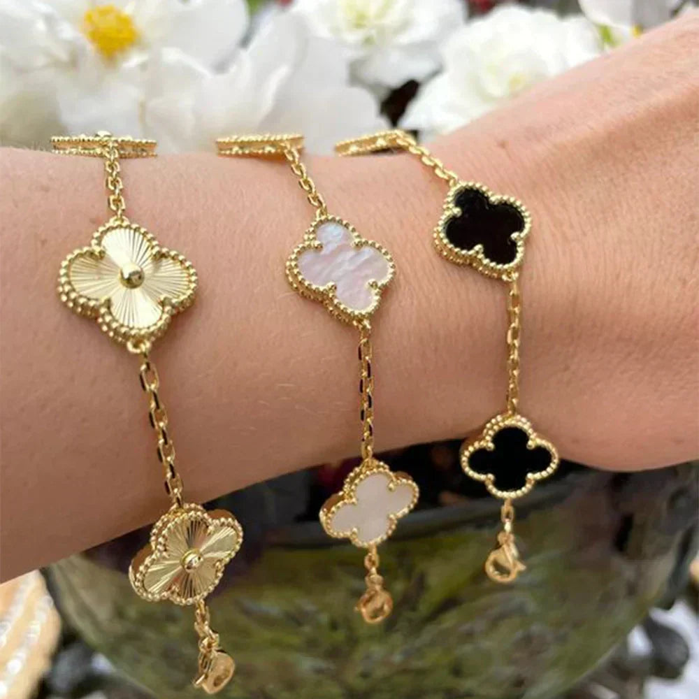 Liora Clover Charm Bracelet Four Floral Charms 14K Gold Plated Stainless Steel