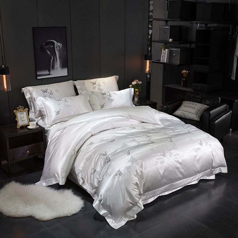 Aurelia White Silver Silk Cotton Butterfly Duvet Cover Set | Lersk