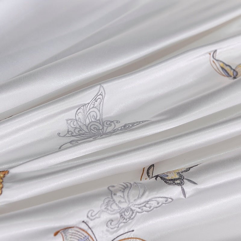 Aurelia White Silver Silk Cotton Butterfly Duvet Cover Set | Lersk