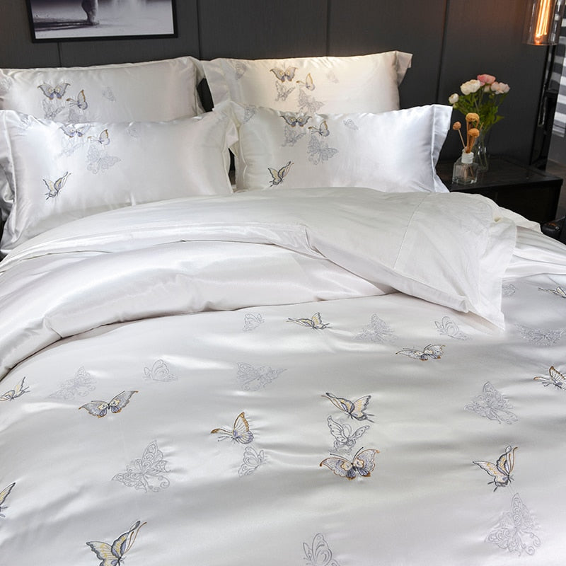 Aurelia White Silver Silk Cotton Butterfly Duvet Cover Set | Lersk