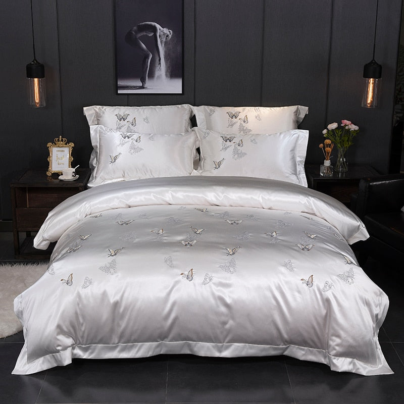 Aurelia White Silver Silk Cotton Butterfly Duvet Cover Set | Lersk