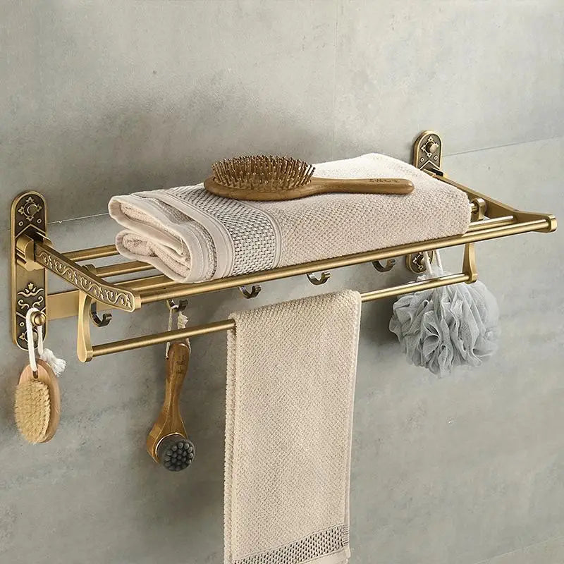 Foldable Aluminum Towel Rack with Double Shelf and Hooks | Lersk