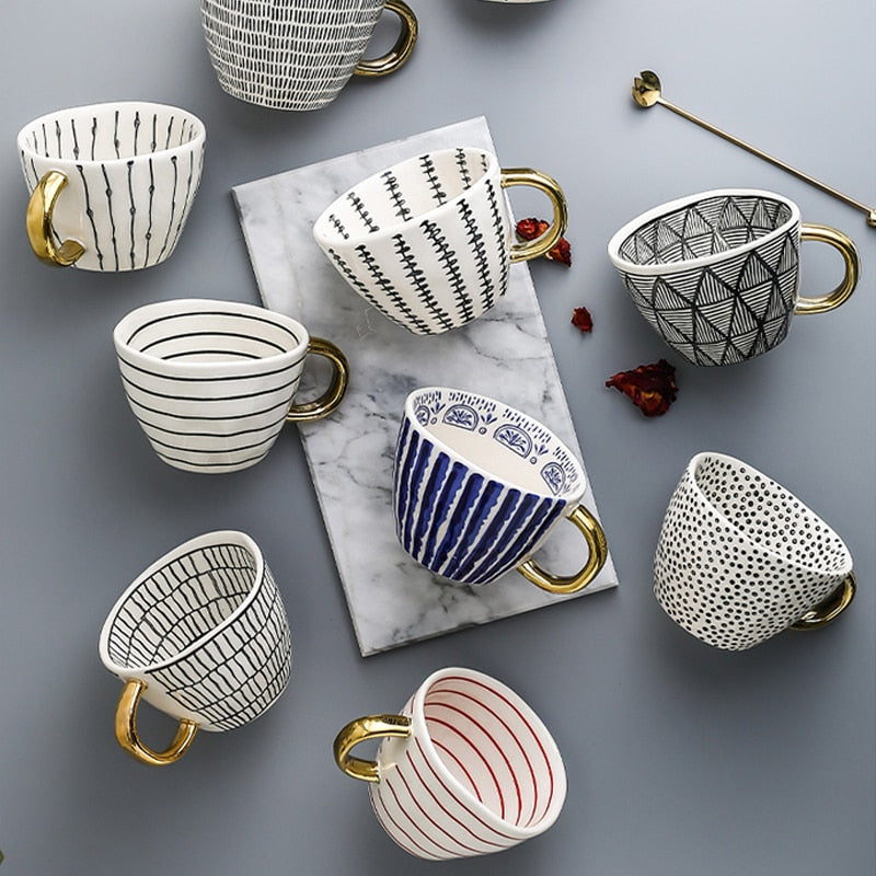 Elegant Cup With Abstract Geometric Pattern And Gold Handle For Everyday Coffee Or Tea | Lersk